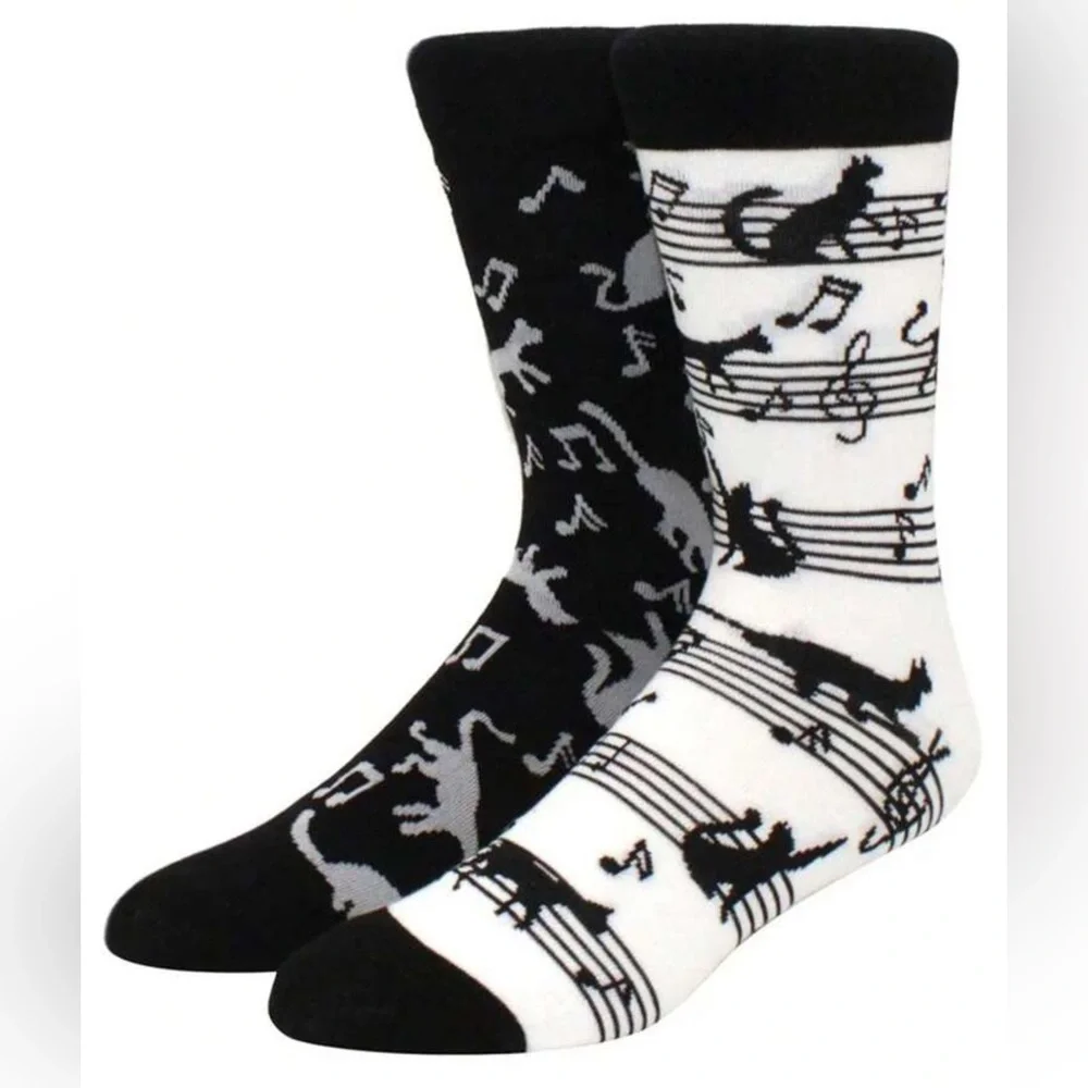 •The Cats Meow• Black & White Mismatch Unisex Cat Music Sheet Novelty Socks
